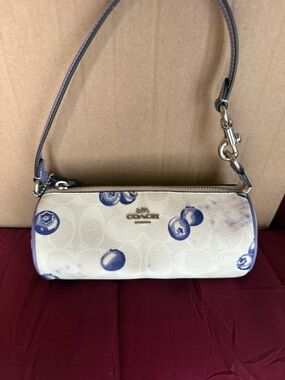 Coach Cream Barrel Wristlet with Blue Fruit Print